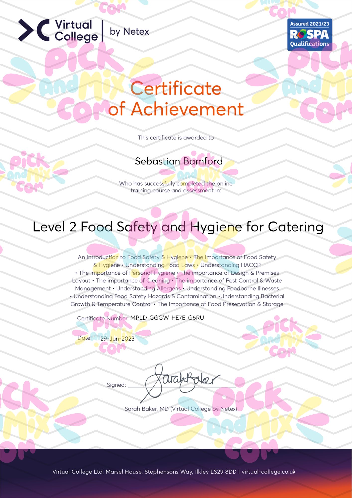 Certificate of Achievement Level 2 Food Safety and Hygiene for Catering